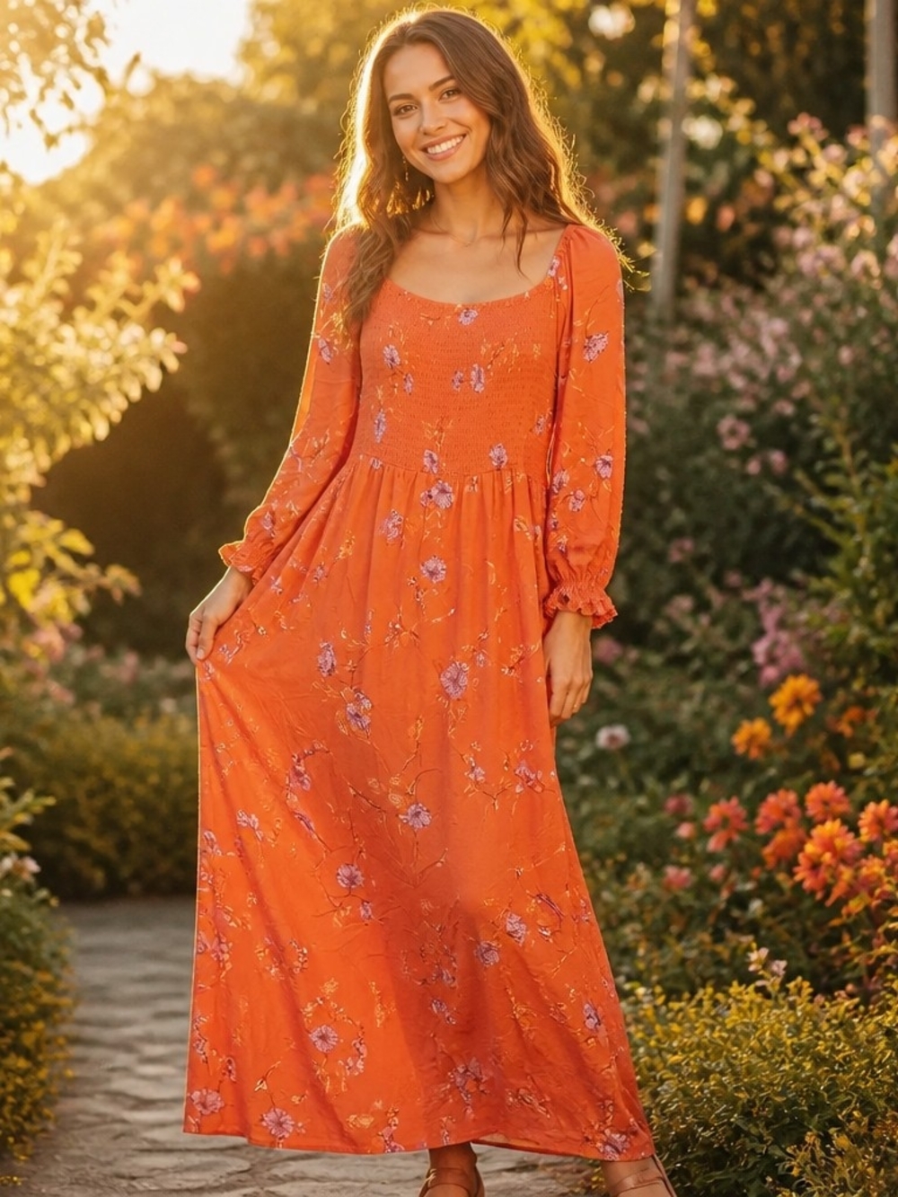 a.n.a Orange Floral Smocked Maxi Dress with Long Sleeves